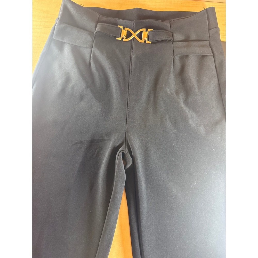 Black High Waisted Flare Leg Pants Gold Buckle Detail Wide Leg Trousers SM
